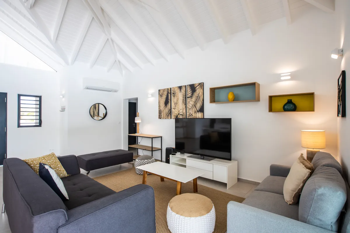 Villa Arawak: Living room with vaulted ceiling, sofas, coffee table, and television