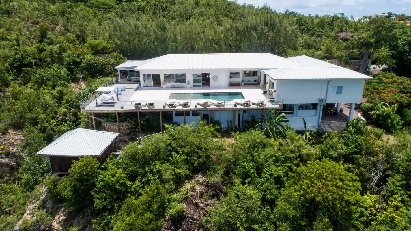 Villa Azur Dream: Aerial view of a hillside white villa with swimming pool deck surrounded by green trees