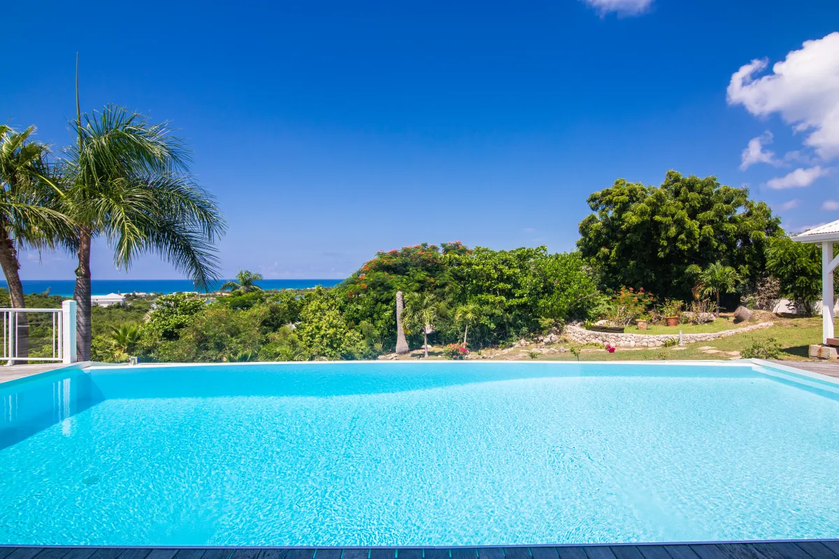 Villa Callisto: Swimming pool overlooking lush tropical greenery and the distant ocean under a blue sky