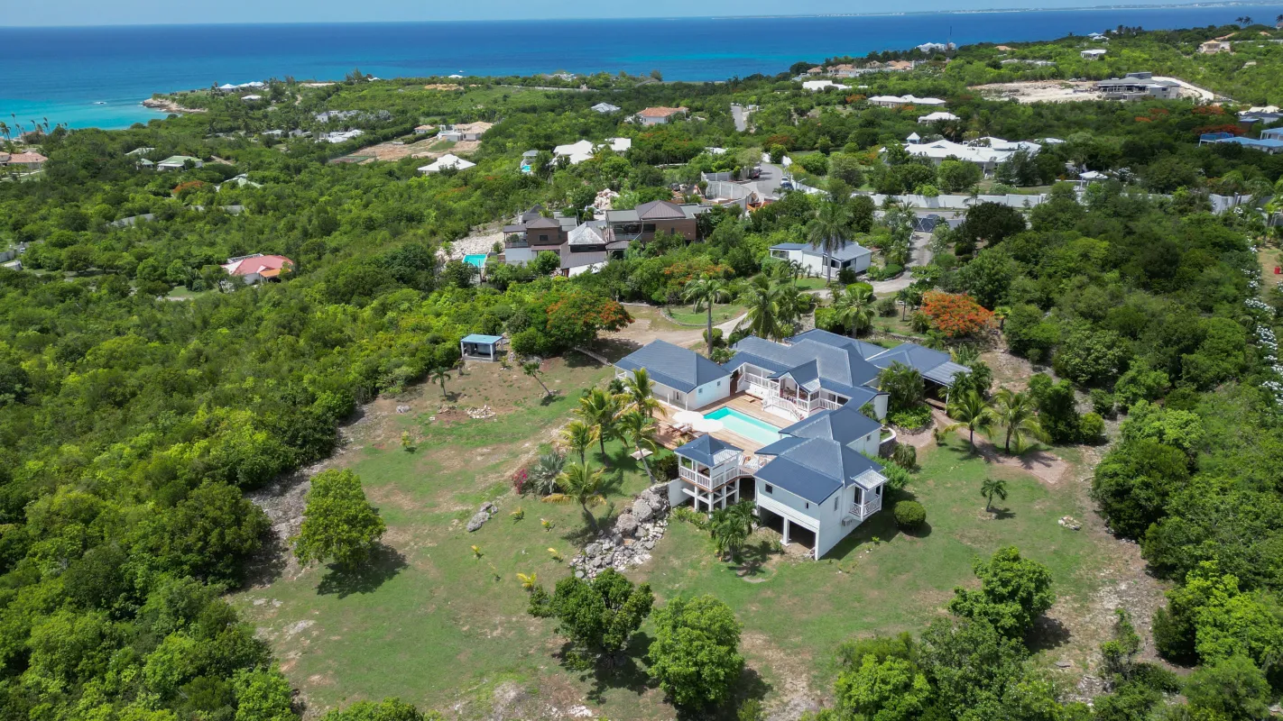 Villa Coco Paillette: Aerial view of a villa with a swimming pool surrounded by lush greenery and ocean views