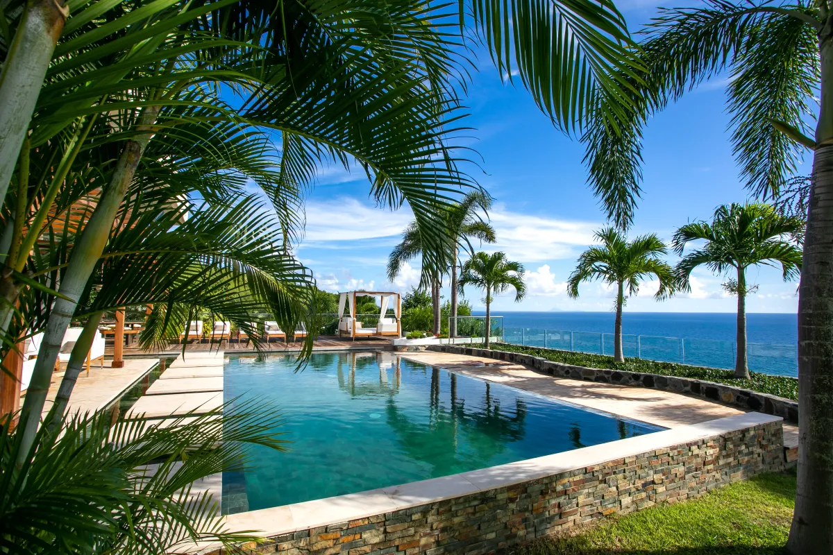Villa Emeraude: Swimming pool framed by palm trees and sun deck overlooking the ocean