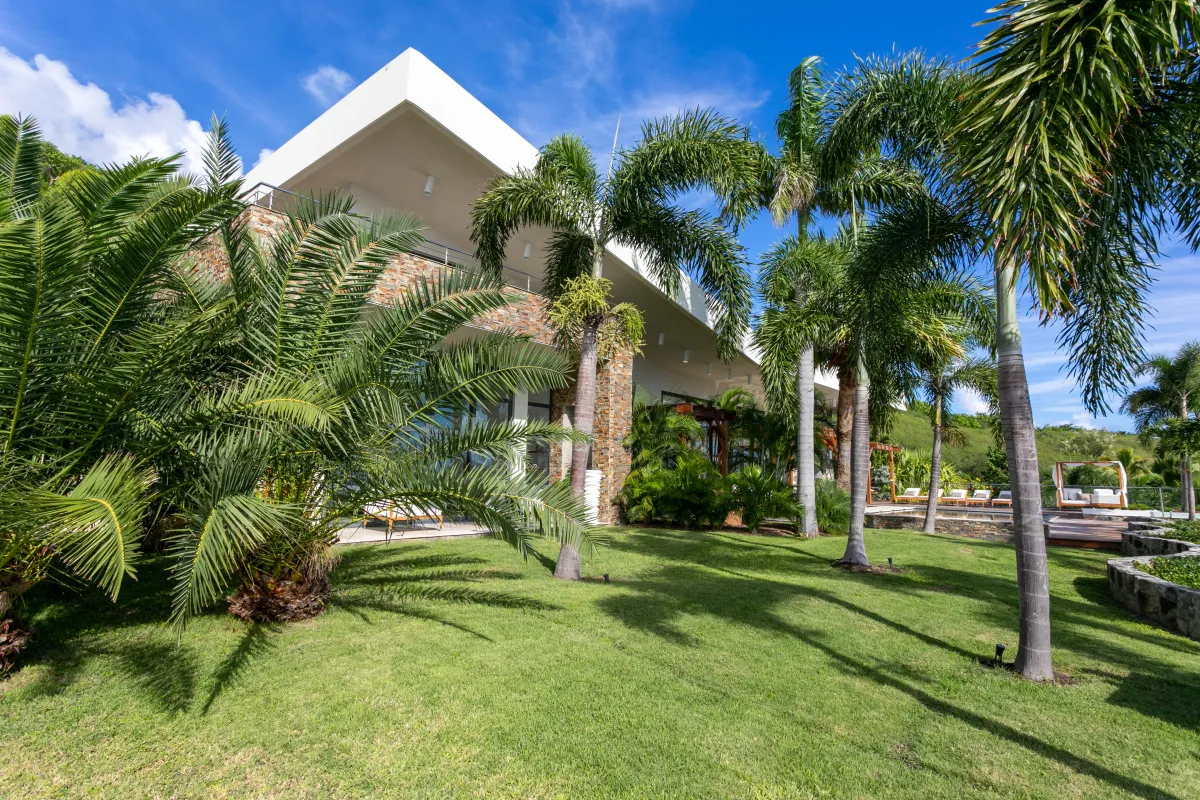 Villa Emeraude: Modern villa exterior surrounded by tropical palm trees and a green lawn
