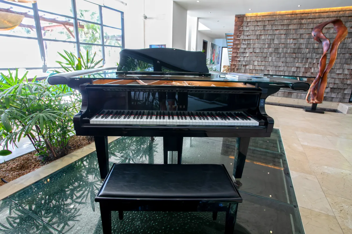 Villa Emeraude: Black grand piano on a glass floor with indoor plants and large windows