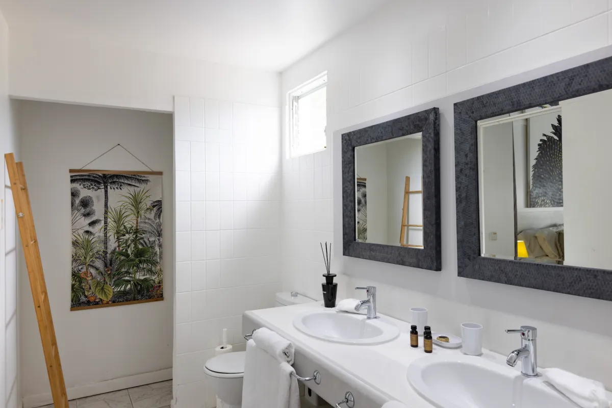 Villa Greystone: White bathroom with double vanity, two dark-framed mirrors, and botanical wall hanging