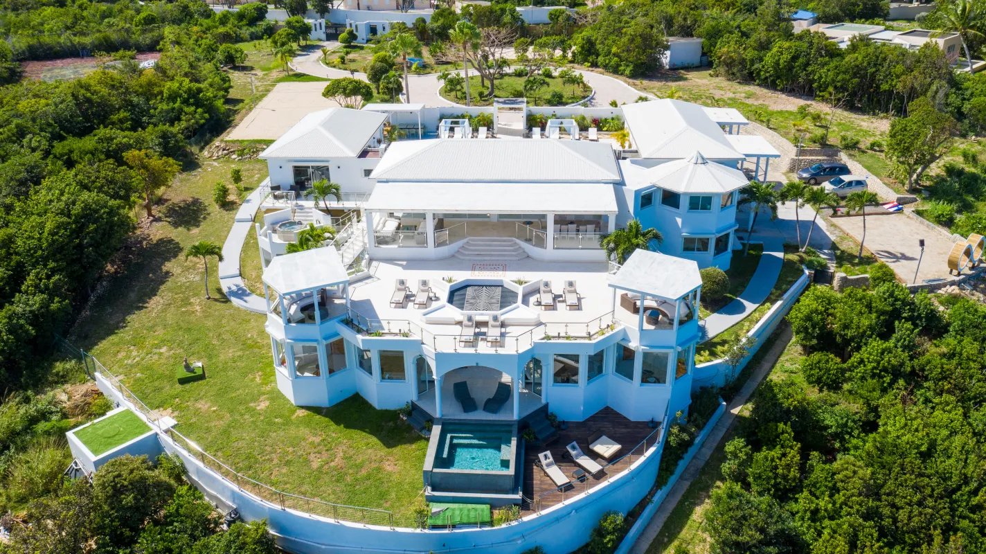 Villa Infinity Blue: Aerial view of a multi-level white villa with terraces, plunge pool, and gardens