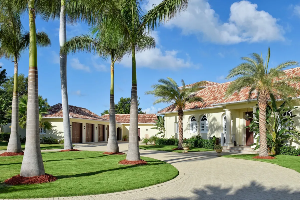 Villa Le Chateau Des Palmiers: Paved driveway leading to a villa surrounded by manicured lawn and tall palm trees