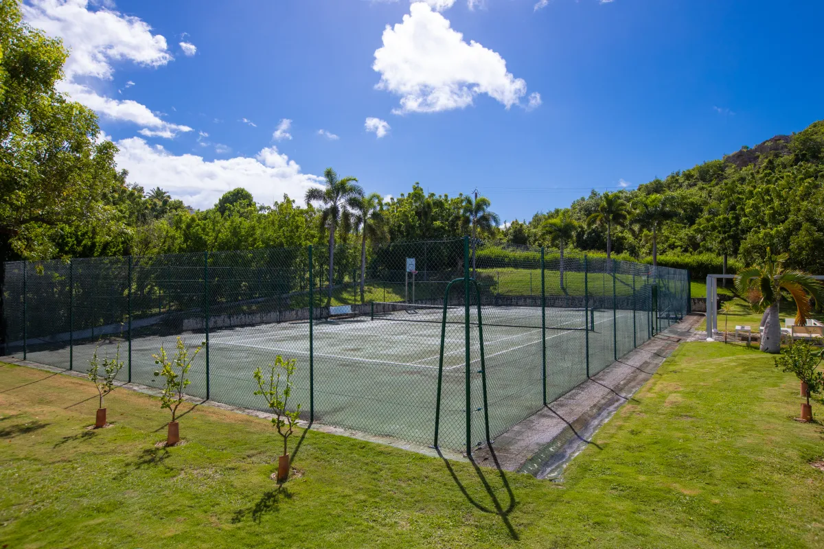 Villa Le Rêve: Fenced outdoor tennis court surrounded by lush tropical trees and green lawn