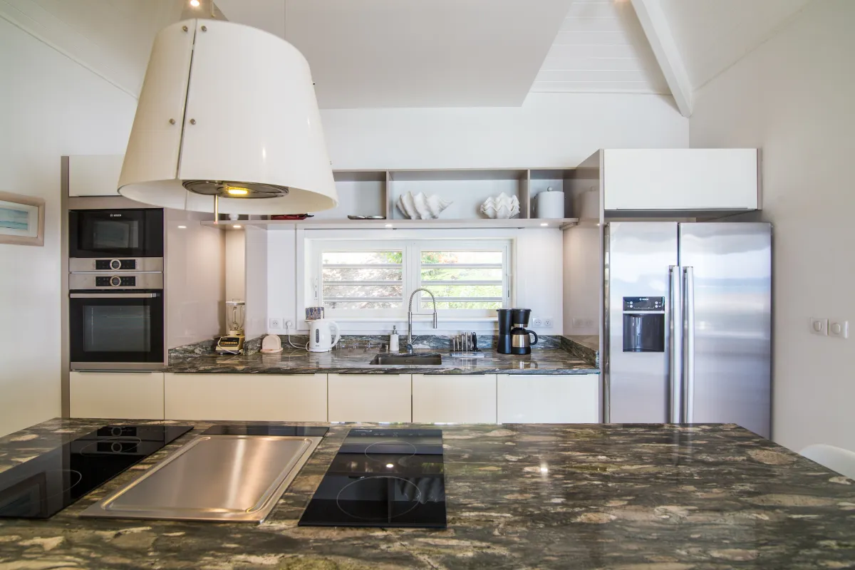 Villa Mango: Modern kitchen with dark stone countertops, built-in stainless steel appliances, and island cooktop