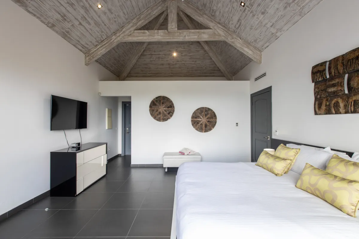 Villa Monte Verde: Spacious bedroom with a king bed, high vaulted wood ceiling, and wall-mounted television