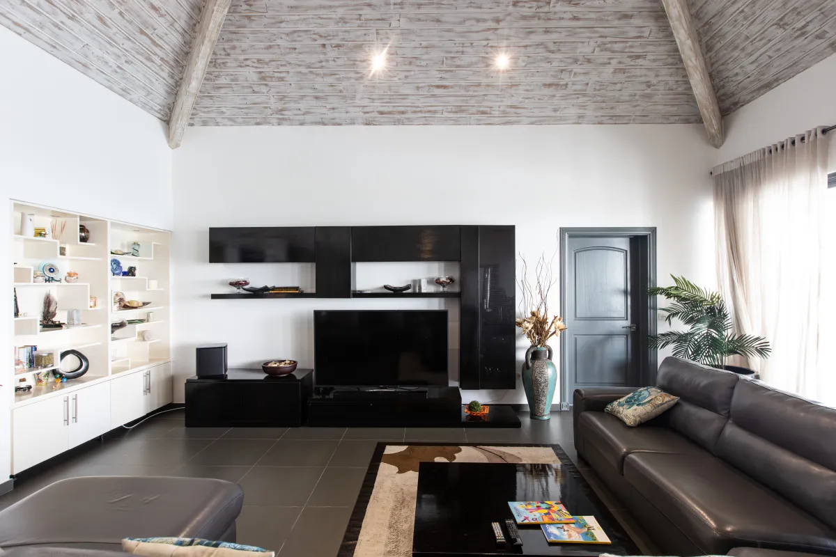 Villa Monte Verde: Spacious living room featuring vaulted whitewashed wooden ceiling, leather sofa, and modern entertainment center