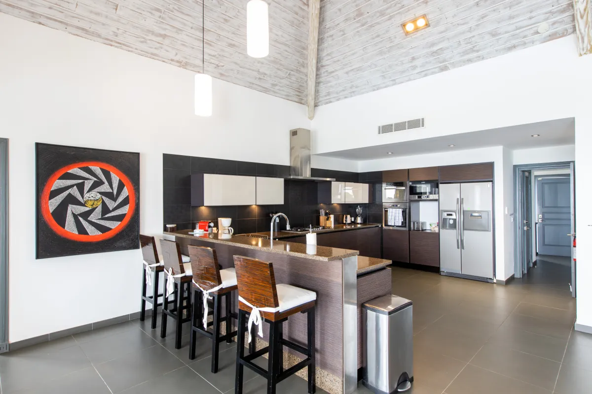 Villa Monte Verde: Modern open kitchen with breakfast bar and high vaulted wood ceiling