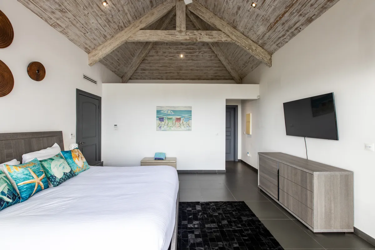 Villa Monte Verde: Spacious bedroom with vaulted wooden ceiling beams, king bed, and wall-mounted television