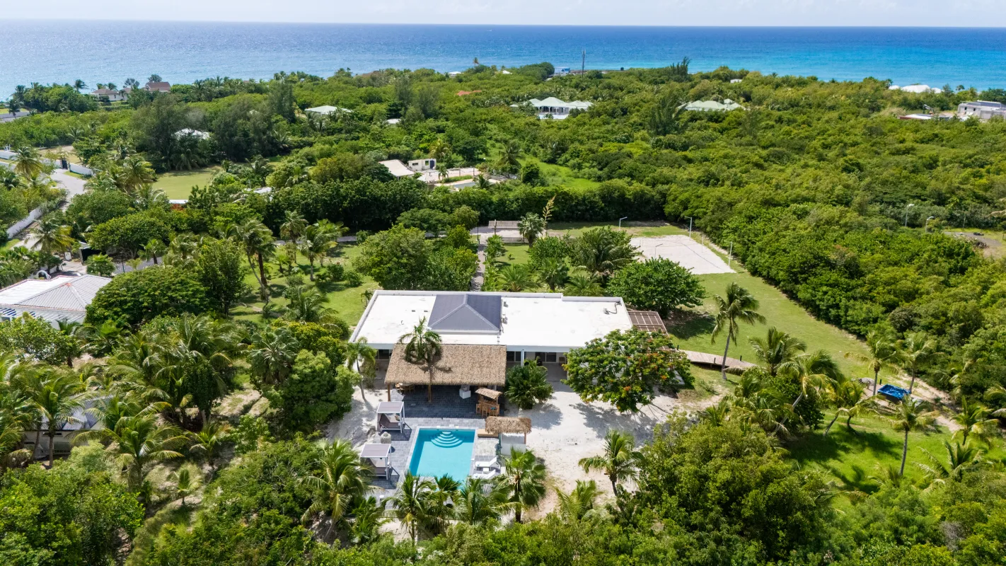 Villa Nirvana: Aerial view of a villa and swimming pool surrounded by tropical trees near the ocean