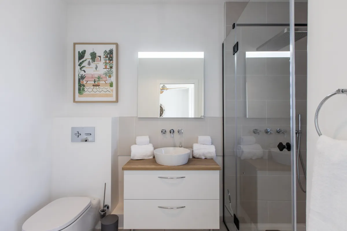 Villa Ocean's One: Modern bathroom with a vessel sink vanity, toilet, and glass walk-in shower
