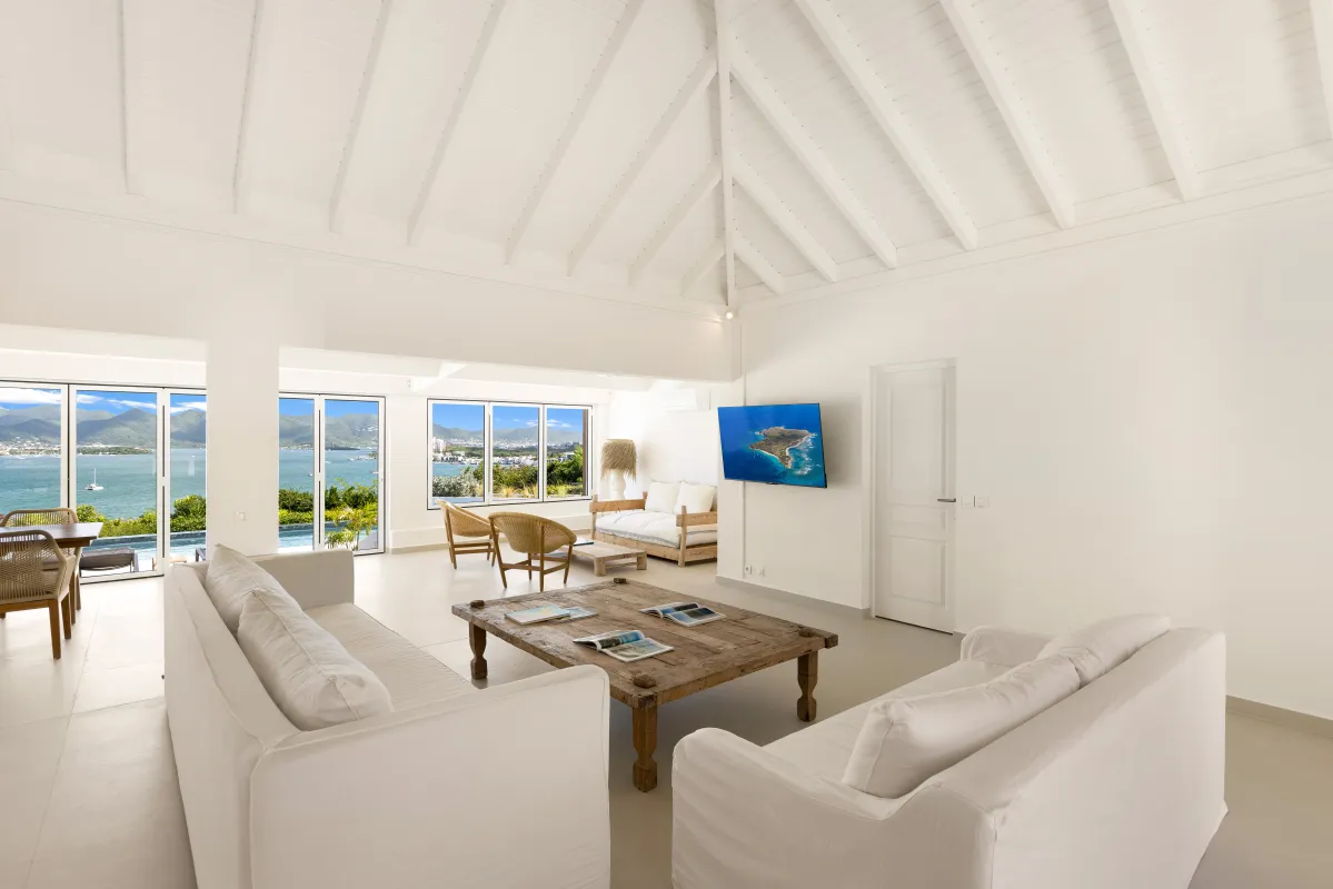 Villa Osun: Spacious living room with white sofas, wooden coffee table, and ocean views